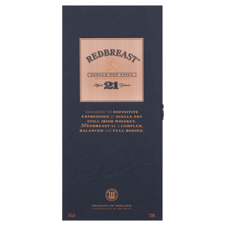 Navy blue rectangular box for Redbreast 21 Year Old Single Pot Still Irish Whiskey, with a copper label and gold text describing it as complex, balanced, and full-bodied with hints of tropical and dried fruits.