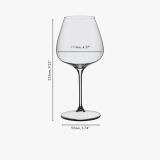 Clear stemmed wine glass shown on a light gray background with dimension lines and measurements for width and height.