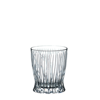 Clear glass tumbler with vertical ribbed design on a white background