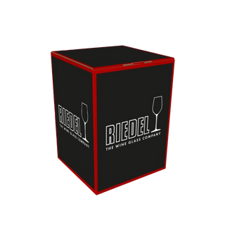 Black box with red edges featuring the Riedel logo on a white background