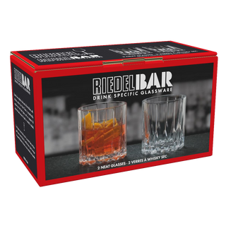 Riedel Bar packaging with two whiskey glasses on a white background