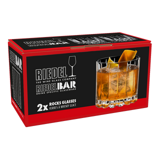 Riedel glassware packaging with two rocks glasses on a white background