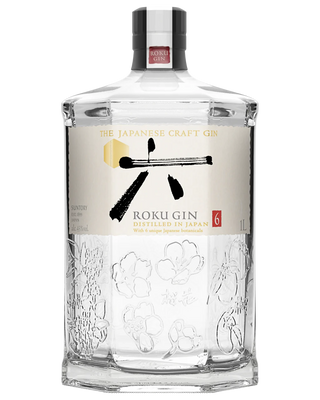 Roku Gin bottle with a white label on a white background