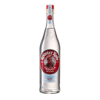 A 700ml clear glass bottle of Rooster Rojo Blanco Tequila with a red and silver label featuring a rooster logo. The red-sealed cap hints at sweet agave and subtle citrus notes.