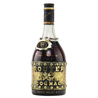 Rouyer Cognac bottle with gold and black design on a white background
