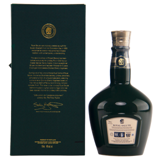Bottle of Royal Salute whisky with packaging on a white background