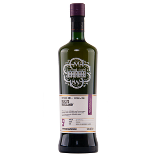 Whiskey bottle with a decorative label on a white background