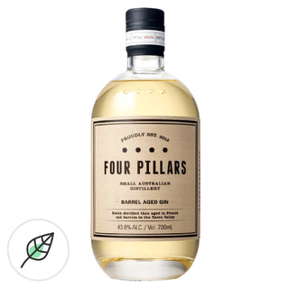 700 ml bottle of Four Pillars Barrel Aged Gin with golden-amber spirit and detailed label reflecting aged oak character.