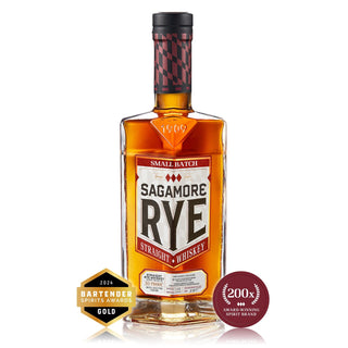 A bottle of Sagamore Small Batch American Rye Whiskey with a black and red cap, Bartender Spirits Awards Gold badge, and 200x Award Winning Spirit Brand badge on white—notes of orchard fruits and baking spices await inside.