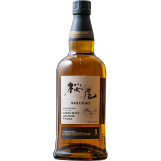 Sakurao Single Malt Japanese Whisky comes in a clear amber-brown bottle with a tan label displaying Japanese characters and the brand name, known for its subtle smoky notes and ripe fruit hints.