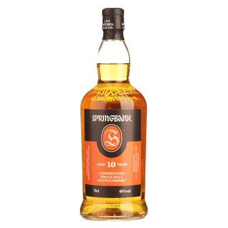 A 70cl bottle of Springbank 10 Year Old Single Malt Scotch Whisky (46% ABV) with an orange and black label, upright against a plain background—delivering citrus and malt notes.