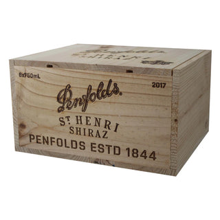 Wooden wine crate with Penfolds branding on a white background