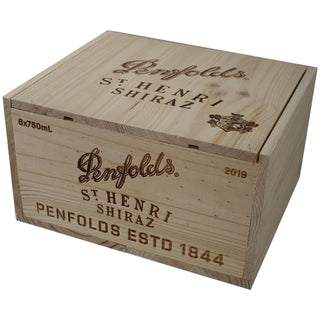 Wooden wine box with Penfolds branding on a white background