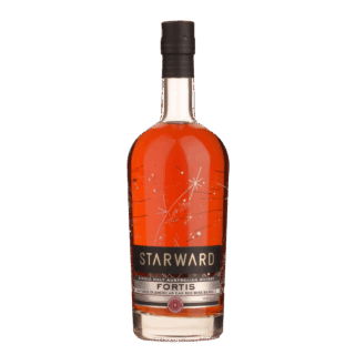 A bottle of Starward Fortis Australian Single Malt Whisky features amber liquid, a black cap, and a black and gold label with star designs on a white background, offering hints of vanilla bean and toasted oak.