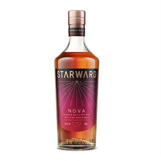 A bottle of Starward Nova Australian Single Malt Whisky, deep amber liquid with a maroon label and gold starburst design, displays notes of red berries and vanilla, finished with a black cap on a plain white background.