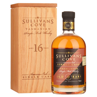 Sullivans Cove Tasmanian Single Malt Whiskey bottle and wooden box on a white background