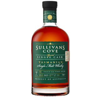 A bottle of Sullivans Cove French Oak ex-Pinot Noir SC0387 Single Malt Whisky, aged 7 years in French oak, features a green label with gold and white text, a black cap, and offers hints of toasted oak on the palate.