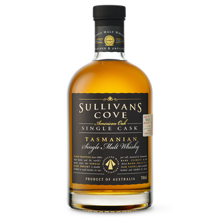 A 700ml bottle of Sullivans Cove 15 Year Old American Oak ex-Bourbon TD0327 Single Malt Whisky, featuring a black label with gold text and gold-brown spirit inside; subtle vanilla notes enhance this Australian whisky.