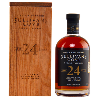 Sullivans Cove 24-year-old single malt whisky bottle and wooden box on a white background