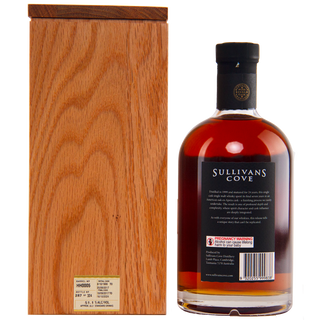 Bottle of Sullivans Cove whiskey with wooden box on a white background