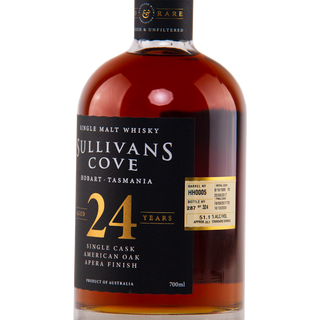 Bottle of Sullivans Cove 24-year-old single malt whisky on a white background