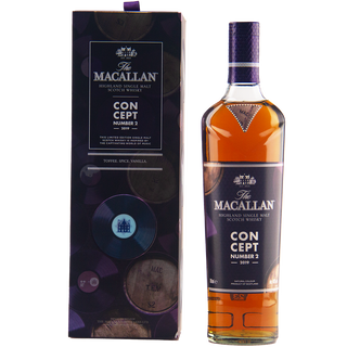 A bottle of The Macallan Concept Number 2 Single Malt Scotch Whisky stands beside its decorative box, featuring purple and gold accents inspired by whisky barrels and branding.