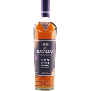A bottle of The Macallan Concept Number 2 Single Malt Scotch Whisky shows its clear spirit through the glass and features a purple label and cap with gold and brown accents, offering notes of warming oak spice and toffee apple.