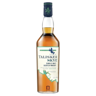 A bottle of Talisker Skye Single Malt Scotch Whisky features a blue cap, white label with blue text and a map outline, and contains amber whisky with notes of light peat smoke and coastal brine.