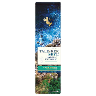 Rectangular box of Talisker Skye Single Malt Scotch Whisky shows waves crashing against cliffs from above, with the brand logo and text on top, reflecting the whisky’s light peat smoke and coastal brine notes.