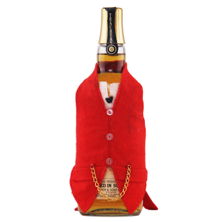 Bottle of tequila with a red vest and chain on a white background