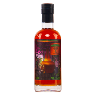 Bottle of alcohol with a colorful label on a white background