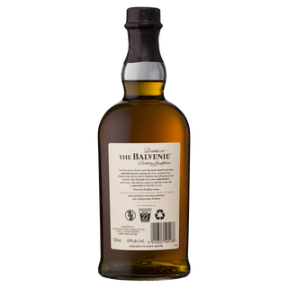 A bottle of The Balvenie DoubleWood 12 Year Old Single Malt Scotch Whisky shown from the back, featuring its label and recycling symbols; the brown bottle with a black cap suggests rich oak notes and subtle honey undertones.