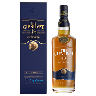 A bottle of The Glenlivet 18 Year Old Batch Reserve Single Malt Whisky stands beside its blue box, both adorned with gold and white branding. The whisky’s amber hue promises a velvety smooth taste with notes of warm spices.