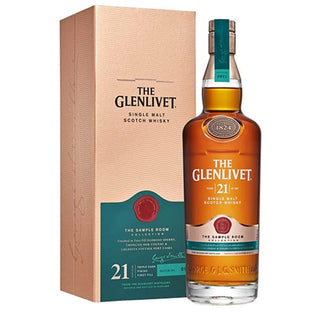 The Glenlivet 21 Year Old Single Malt Scotch Whisky is displayed beside its beige box with teal and red accents, highlighting the brand and age, and evoking notes of oak and warm spices.