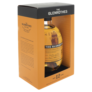 A bottle of Glenrothes 12 Year Old Single Malt Scotch Whisky in an orange and black display box with a clear front shows the round bottle inside, known for its vanilla and honey notes.