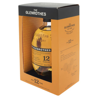 A bottle of Glenrothes 12 Year Old Single Malt Scotch Whisky sits in its orange and black packaging, showcasing notes of lemon zest and vanilla. The brand name and 12-year age statement are clearly visible on both the box and label.