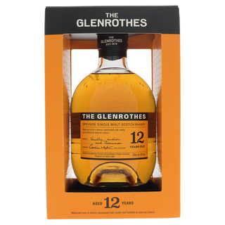 A bottle of Glenrothes 12 Year Old Single Malt Scotch Whisky in an orange and black box, showcasing lemon zest and vanilla notes, with the brand name and age clearly displayed on the packaging.