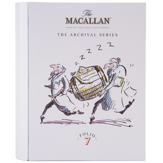 The Macallan Archival Series Folio 7 Single Malt Whisky comes in a white box with a playful cartoon of two men in suits carrying a whisky barrel, one asleep with Zs overhead, evoking dried fruit and warm spice notes.