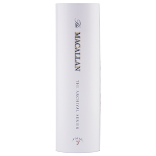 A tall, cylindrical white box with The Macallan Archival Series Folio 7 Single Malt Whisky printed in black and red on the front, suggesting enticing warm spice notes inside.