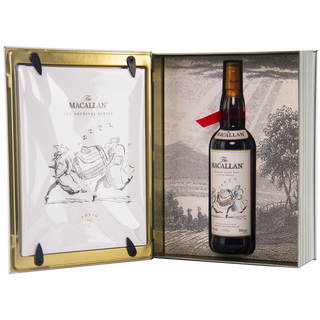 A bottle of The Macallan Archival Series Folio 7 Single Malt Whisky rests in an open display box beside an illustrated booklet held by black corner clips.