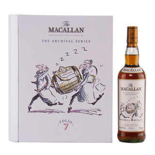 A bottle of The Macallan Archival Series Folio 7 Single Malt Whisky sits beside a white box decorated with cartoon-style illustrations of two men carrying a whisky cask and The Macallan Archival Series branding, evoking warm spices and subtle vanilla notes.