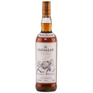 A 700ml bottle of The Macallan Archival Series Folio 7 Single Malt Whisky features a white label with three men rolling a whisky barrel, plus gold and white neck label. Enjoy notes of dried fruits and warm spices.