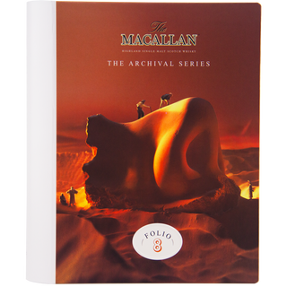The cover for The Macallan The Archival Series Folio 8 Single Malt Scotch Whisky shows tiny figures climbing a sculpted, whisky-hued piece evoking sweet oak, set against a rich amber background. The title and branding appear prominently at the top.