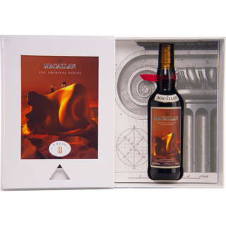 A bottle of The Macallan The Archival Series Folio 8 Single Malt Scotch Whisky is displayed in an open white case with an artistic booklet, set against a backdrop of intricate architectural illustrations.