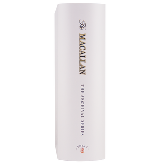 Tall white box featuring "The Macallan The Archival Series" in gold and black text, with "Folio 8" in a small red circle near the bottom; the Single Malt Scotch Whisky evokes sweet oak and golden sultana notes.
