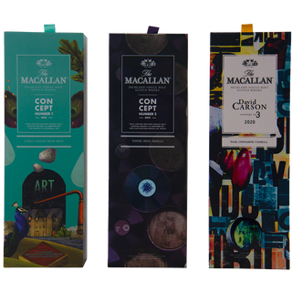 The Macallan Concept Series Numbers 1–3 Complete Set showcases three upright limited edition boxes, each with unique designs: nature and art on green, records on black, and abstract letters on a multicolored background.