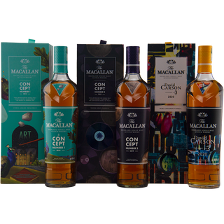 The Macallan Concept Series Numbers 1–3 Complete Set includes three limited edition bottles, each with distinctive artistic boxes and unique labels: Concept Number 1, Number 2, and David Carson Concept Number 3.