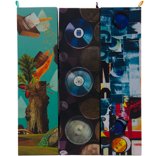 Three vibrant vertical panels: left—a surreal hand with plants and gold seeds; center—blue records, metallic cylinders evoke The Macallan Concept Series Numbers 1–3 Complete Set; right—bold text and abstract blue/red shapes over a collage.
