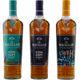 A group of bottles, featuring The Macallan Concept Series Numbers 1–3 Complete Set and Jack Daniels in the background, showcases a selection of limited edition whisky crafted in sherry oak casks.