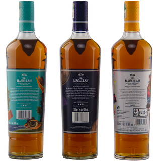The Macallan Concept Series Numbers 1–3 Complete Set is displayed from the back, each bottle featuring a uniquely colored label—teal, purple, and white—highlighting sherry oak cask details against a white background.